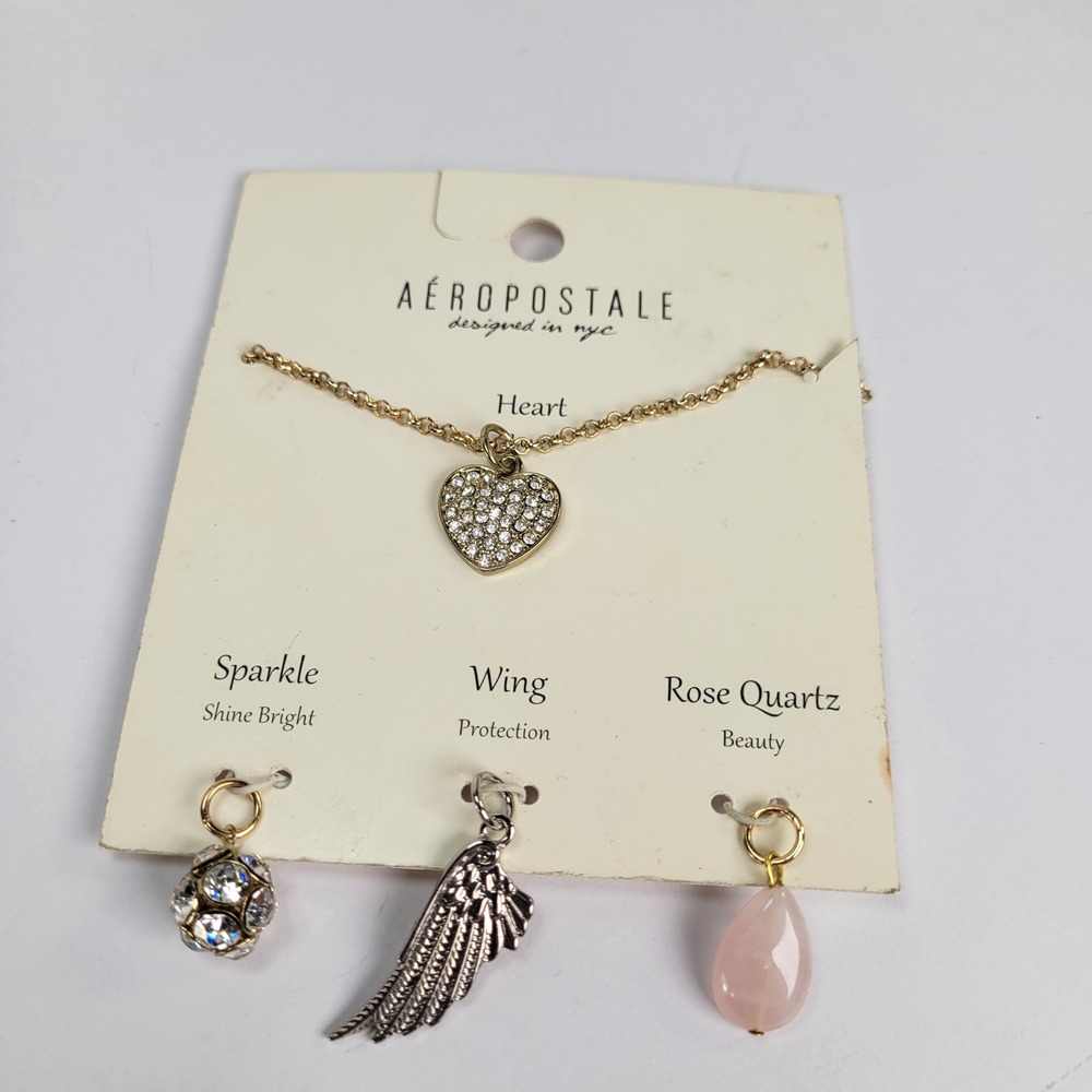 Aeropostale Gold Tone Charm Necklace Heart Wing Rose Quartz Sparkle Set NOC